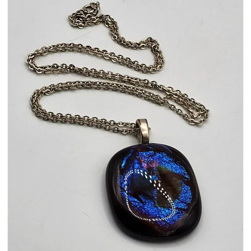 925 Sterling Silver Dichroic Glass Pendant Chain Vintage Necklace 17in